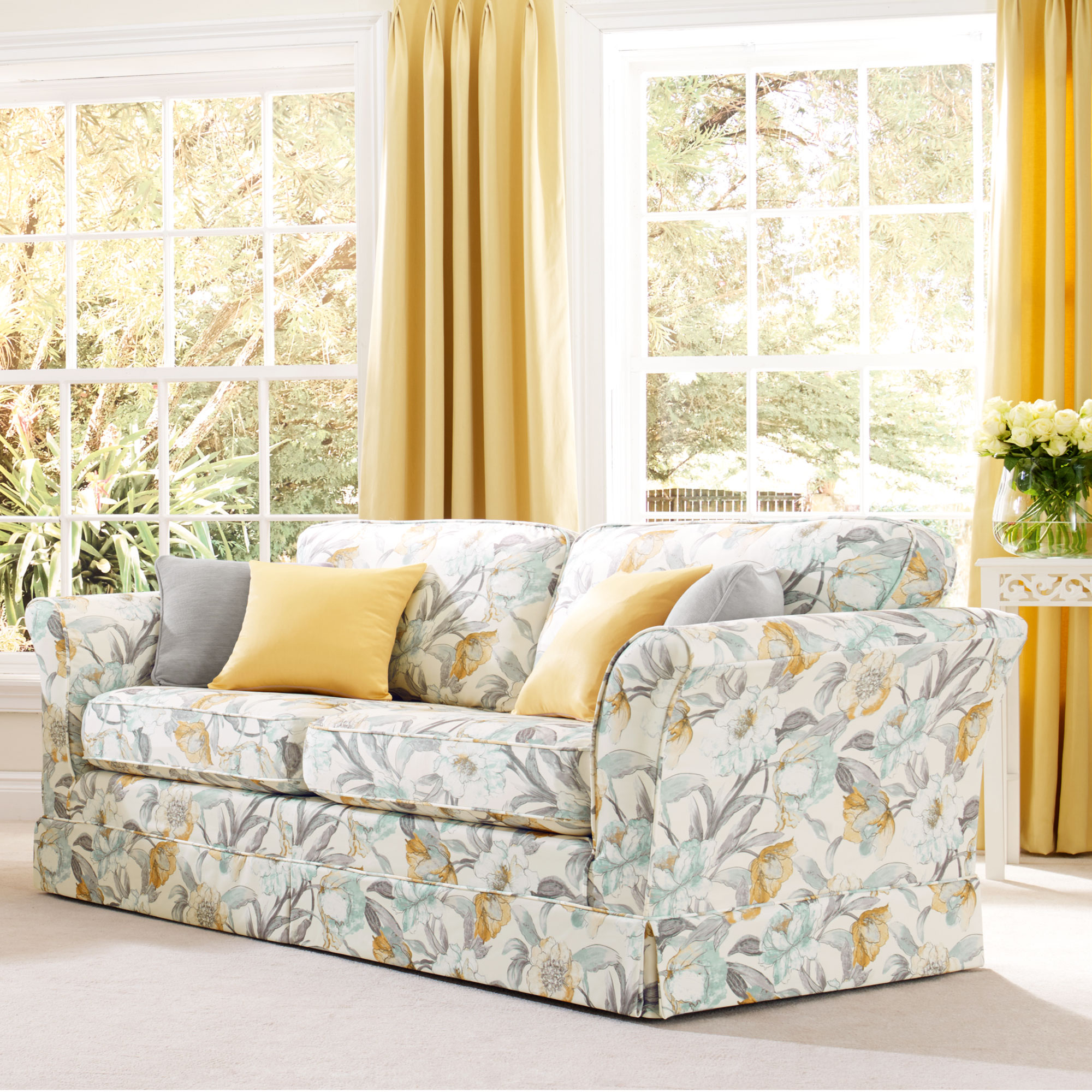 Fabric Details english blossom saffron/grey Fabrics Range by Plumbs