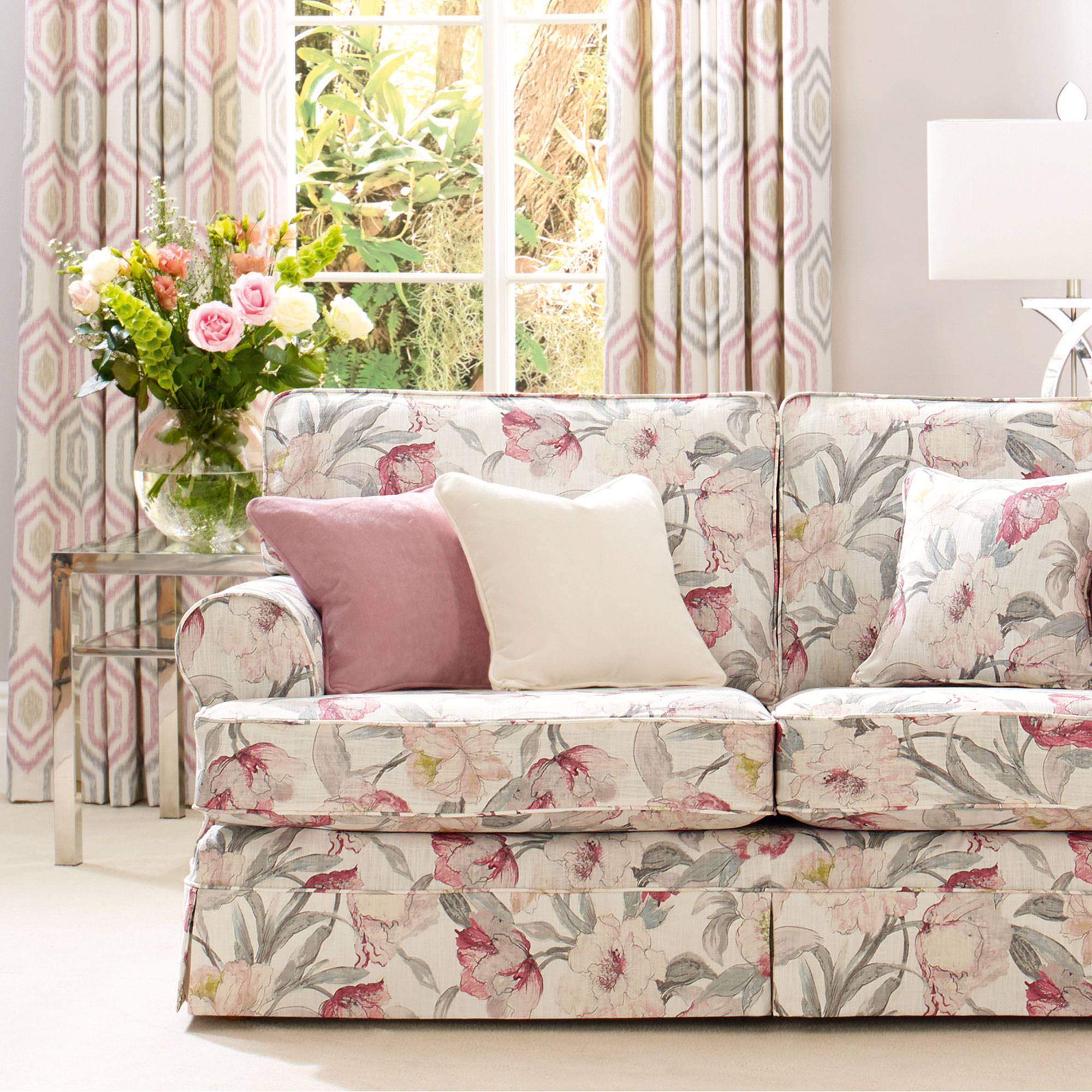 Fabric Details english garden pink grey Fabrics Range by Plumbs